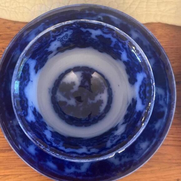 Antique‎ Temple Blue Flow Ironstone Cup And Saucer handleless Aged 1800s - Picture 2 of 9